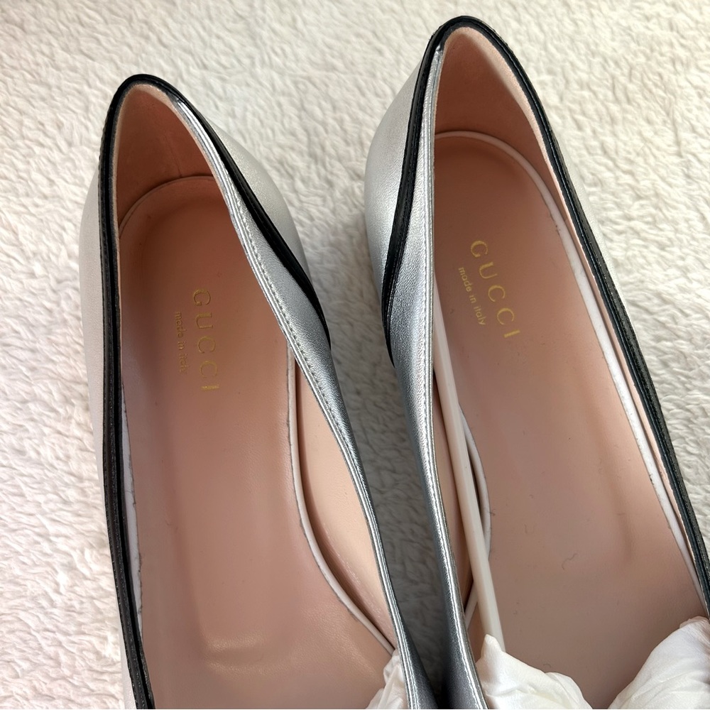 NIB Authentic Gucci Malaga Kid 2-tone Leather Pump Flats Silver White 37 - Picture 4 of 9